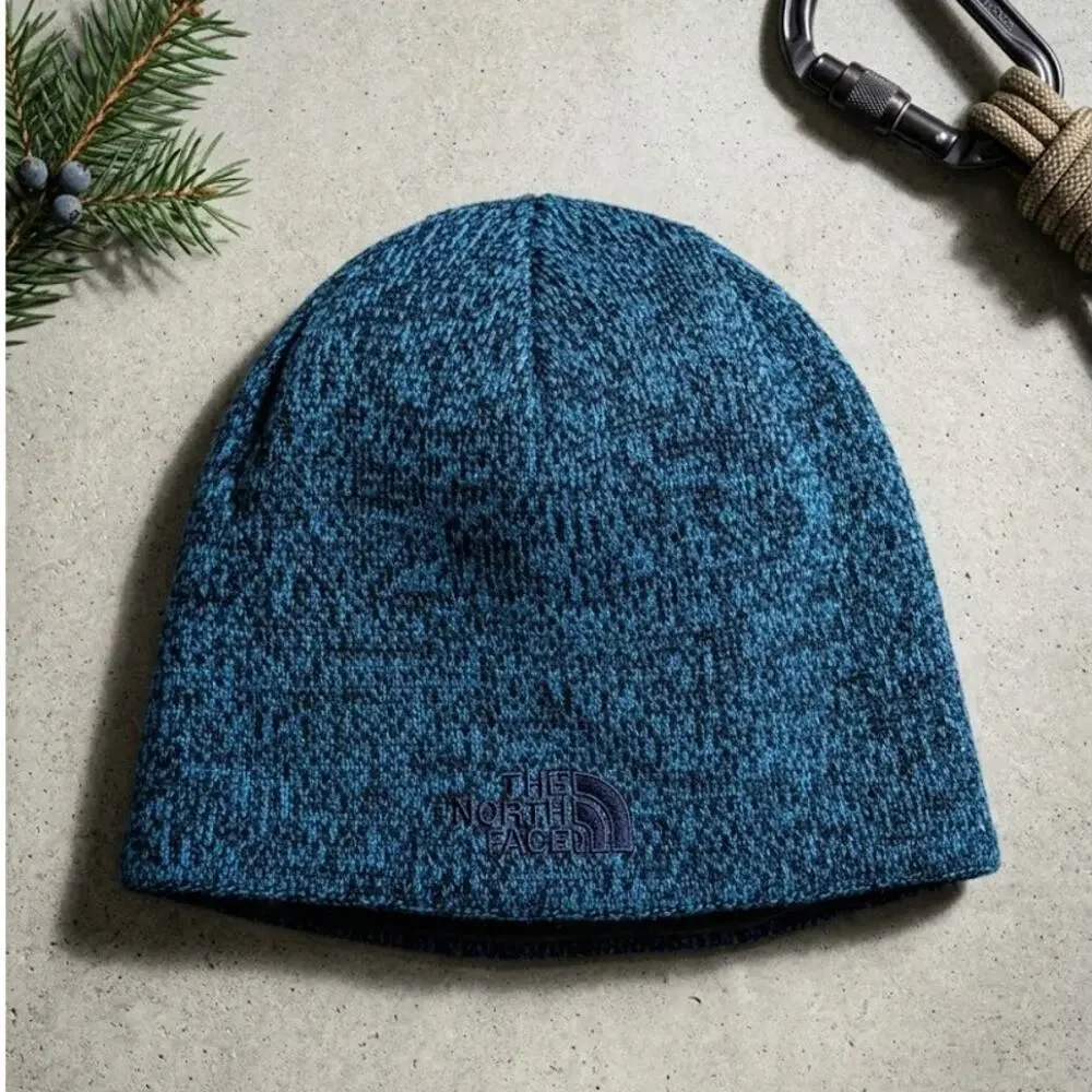 The North Face Blue Marled Beanie Hat Wool Blend Fleece Lined Winter Unisex cap